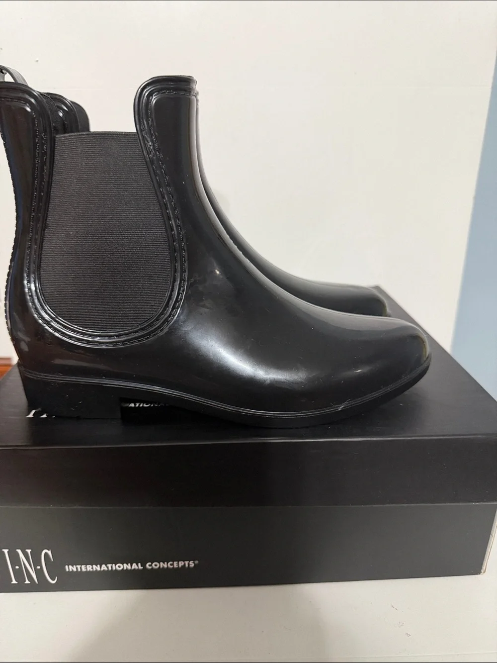 INC International Concepts Black Gloss Chelsea Rain Ankle Boots
